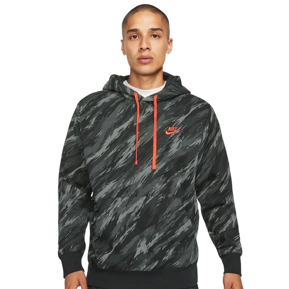 Nike Sport Essentials Camo Print Fleece Hoodie, Black & Orange, Men's Large